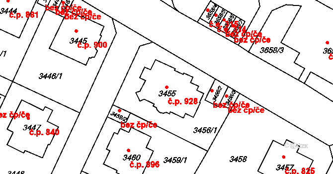 Předměstí 928, Litoměřice na parcele st. 3455 v KÚ Litoměřice, Katastrální mapa