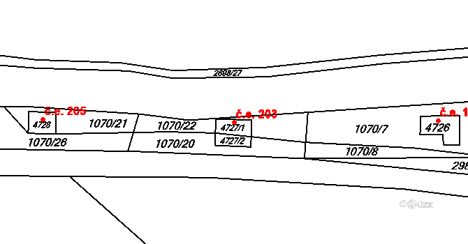 Bílé Předměstí 203, Pardubice na parcele st. 4727/1 v KÚ Pardubice, Katastrální mapa