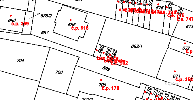 Děčín 40686850 na parcele st. 685 v KÚ Podmokly, Katastrální mapa
