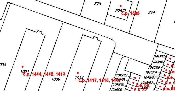Kunovice 1415,1416,1417 na parcele st. 1034 v KÚ Kunovice u Uherského Hradiště, Katastrální mapa