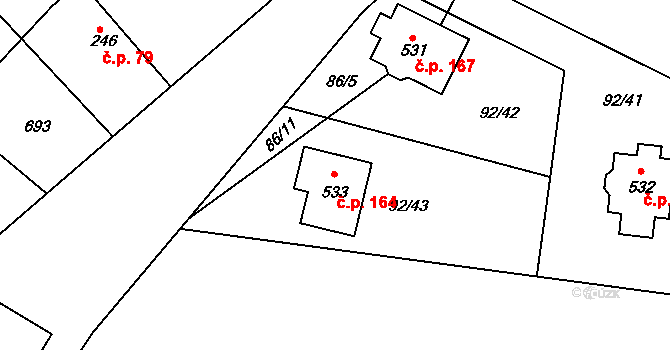 Byškovice 164, Neratovice na parcele st. 533 v KÚ Byškovice, Katastrální mapa