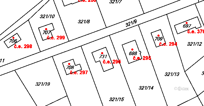 Čisovice 296 na parcele st. 731 v KÚ Čisovice, Katastrální mapa
