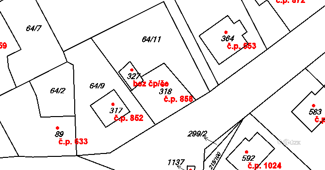 Rudná 858 na parcele st. 318 v KÚ Hořelice, Katastrální mapa