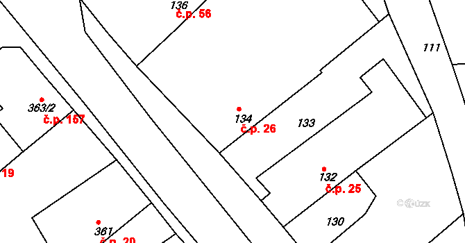 Bušovice 26 na parcele st. 134 v KÚ Bušovice, Katastrální mapa