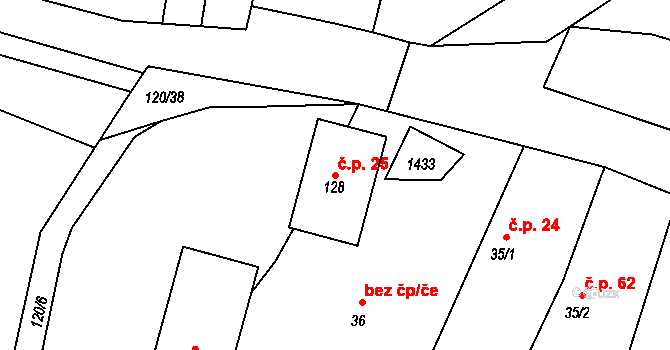 Potvorov 25 na parcele st. 128 v KÚ Potvorov, Katastrální mapa