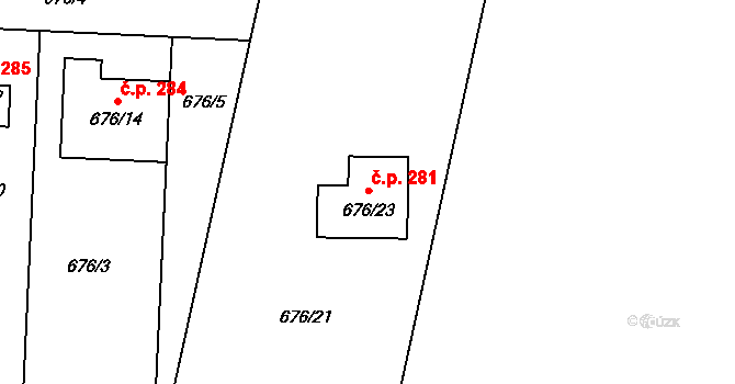 Kobylnice 281 na parcele st. 676/23 v KÚ Kobylnice u Brna, Katastrální mapa