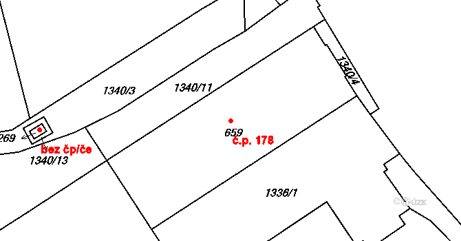 Latrán 178, Český Krumlov na parcele st. 659 v KÚ Český Krumlov, Katastrální mapa