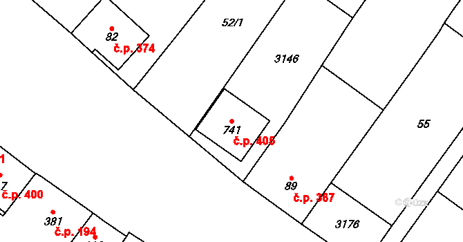 Popice 405 na parcele st. 741 v KÚ Popice, Katastrální mapa