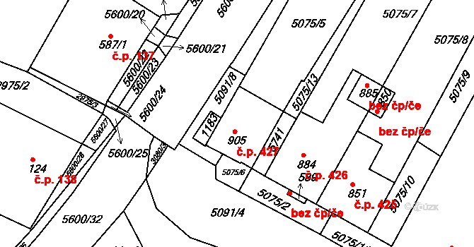 Březí 427 na parcele st. 905 v KÚ Březí u Mikulova, Katastrální mapa