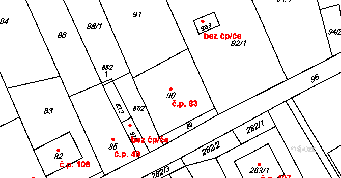 Bílany 83, Kroměříž na parcele st. 90 v KÚ Bílany, Katastrální mapa
