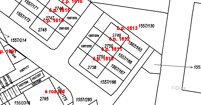 Rosice 1611 na parcele st. 2751 v KÚ Rosice u Brna, Katastrální mapa
