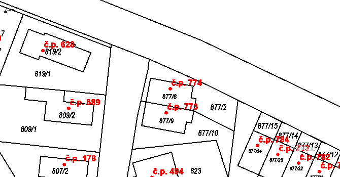 Dubeč 774, Praha na parcele st. 877/8 v KÚ Dubeč, Katastrální mapa