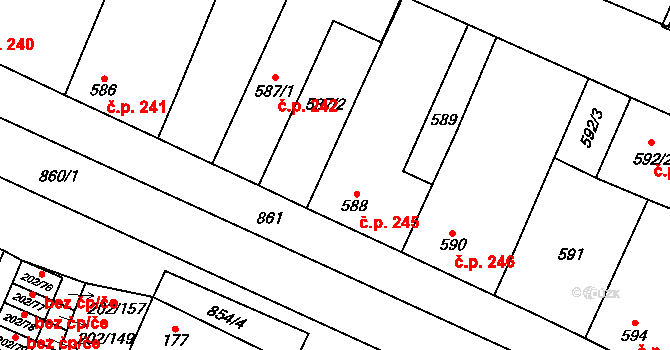 Hevlín 245 na parcele st. 588 v KÚ Hevlín, Katastrální mapa