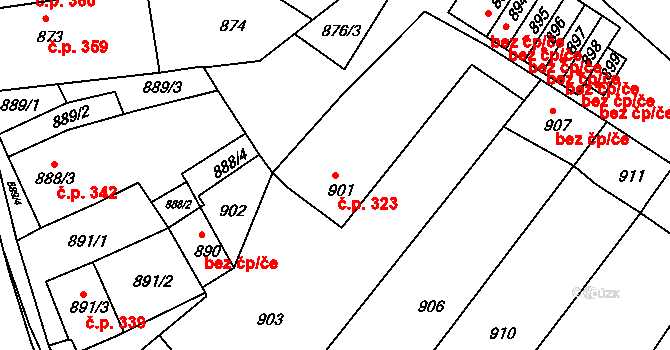 Šatov 323 na parcele st. 901 v KÚ Šatov, Katastrální mapa