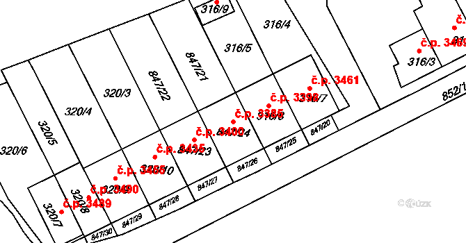 Znojmo 3385 na parcele st. 847/24 v KÚ Znojmo-Louka, Katastrální mapa