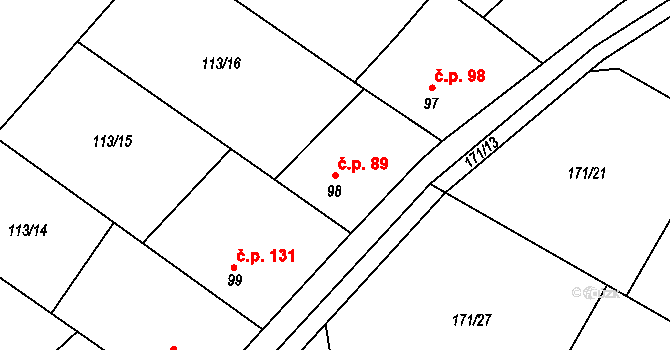 Třebešice 89 na parcele st. 98 v KÚ Třebešice, Katastrální mapa