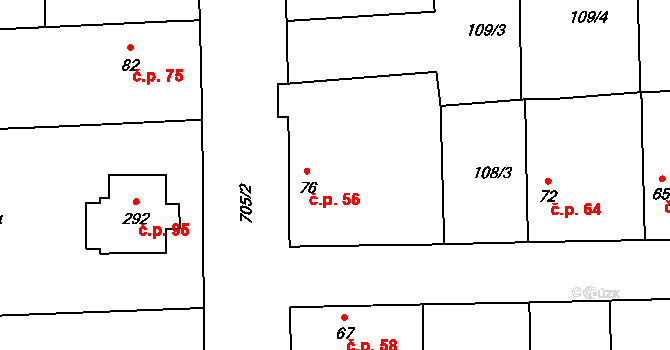 Oseček 56 na parcele st. 76 v KÚ Oseček, Katastrální mapa