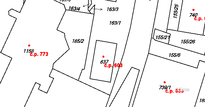 Lišov 603 na parcele st. 637 v KÚ Lišov, Katastrální mapa