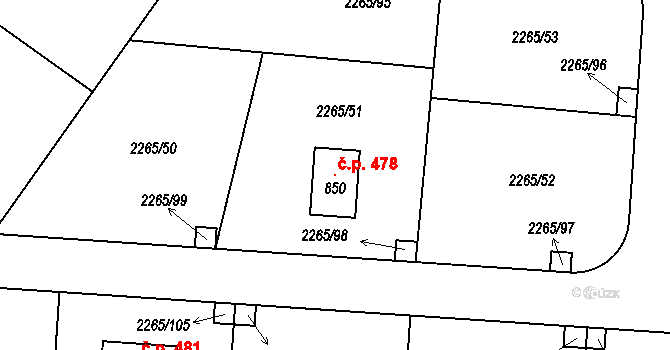 Hudlice 478 na parcele st. 850 v KÚ Hudlice, Katastrální mapa