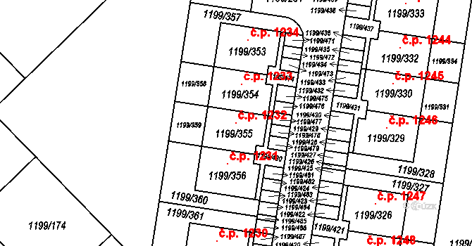 Vejprnice 1232 na parcele st. 1199/355 v KÚ Vejprnice, Katastrální mapa
