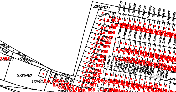 Jihlava 860 na parcele st. 3908/10 v KÚ Jihlava, Katastrální mapa