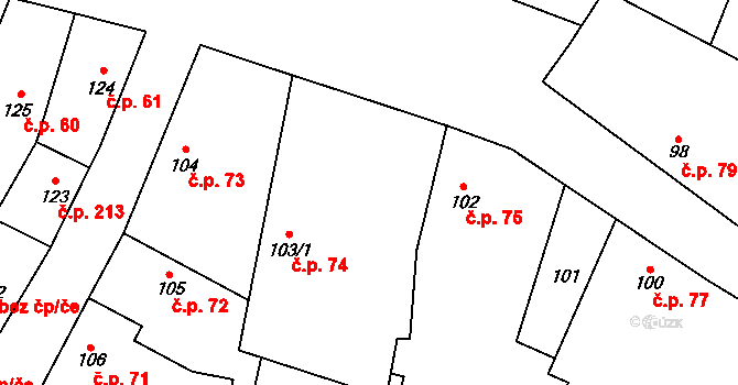 Rožďalovice 74 na parcele st. 103/1 v KÚ Rožďalovice, Katastrální mapa