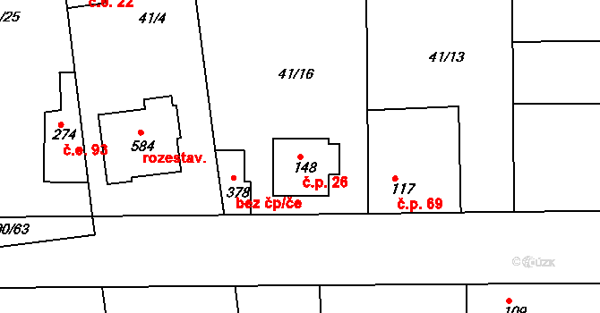 Sedlčánky 26, Čelákovice na parcele st. 148 v KÚ Sedlčánky, Katastrální mapa