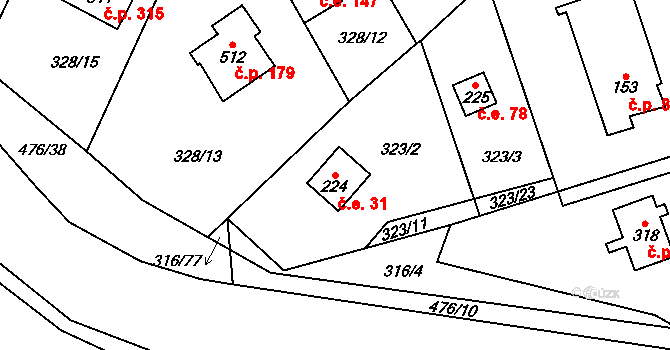 Řež 31, Husinec na parcele st. 224 v KÚ Husinec u Řeže, Katastrální mapa
