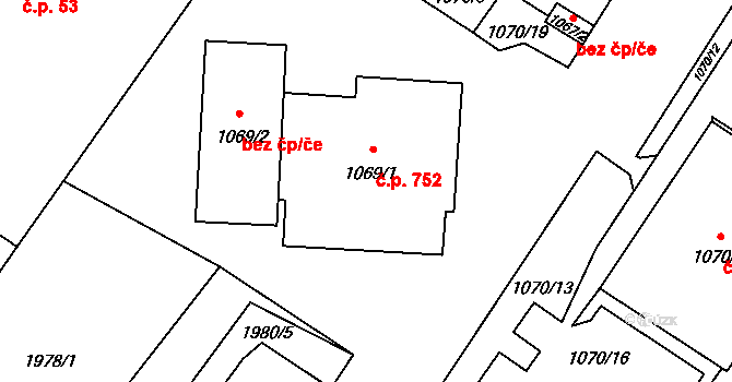 Nový Bor 752 na parcele st. 1069/1 v KÚ Nový Bor, Katastrální mapa