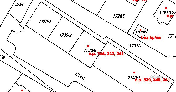 Brňany 342,343,344, Vyškov na parcele st. 1730/2 v KÚ Vyškov, Katastrální mapa