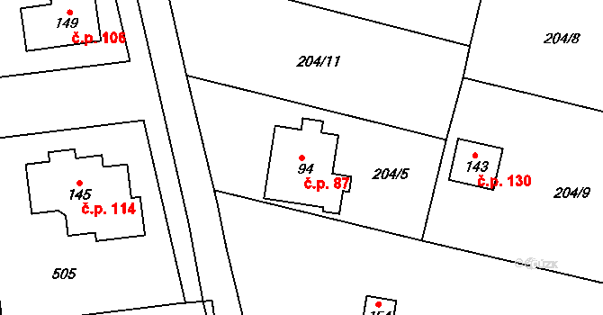 Tlustovousy 87, Tuklaty na parcele st. 94 v KÚ Tlustovousy, Katastrální mapa