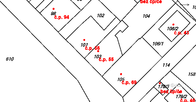 Srby 55, Tuchlovice na parcele st. 103 v KÚ Srby u Tuchlovic, Katastrální mapa