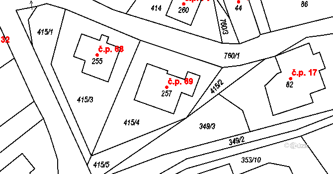 Chutnovka 69, Mírová pod Kozákovem na parcele st. 257 v KÚ Sekerkovy Loučky, Katastrální mapa