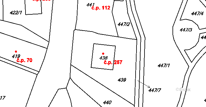 Zaječov 257 na parcele st. 438 v KÚ Zaječov, Katastrální mapa