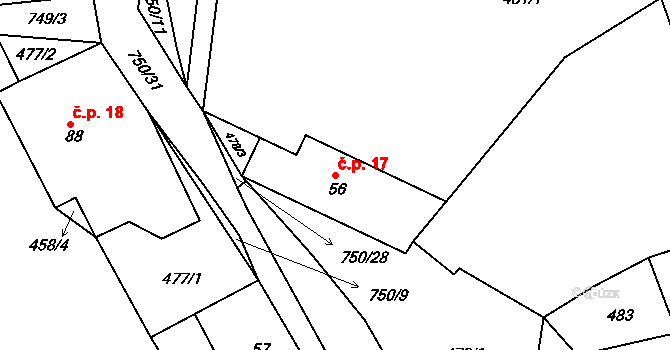 Ošťovice 17, Dolní Bousov na parcele st. 56 v KÚ Horní Bousov, Katastrální mapa
