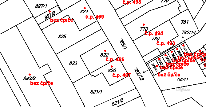 Kosmonosy 486 na parcele st. 822 v KÚ Kosmonosy, Katastrální mapa