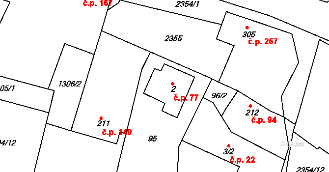 Hudlice 77 na parcele st. 2 v KÚ Hudlice, Katastrální mapa
