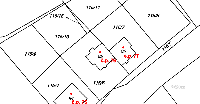 Rudná 76 na parcele st. 65 v KÚ Dolní Rudná, Katastrální mapa