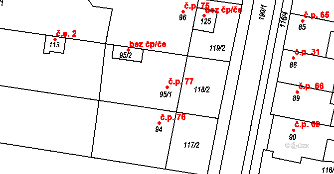 Tážaly 77, Kožušany-Tážaly na parcele st. 95/1 v KÚ Tážaly, Katastrální mapa