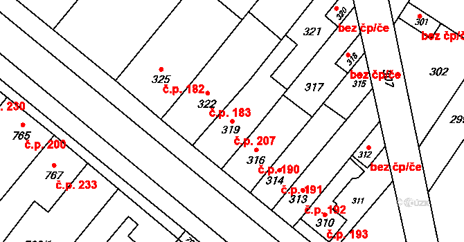 Křelov 207, Křelov-Břuchotín na parcele st. 319 v KÚ Křelov, Katastrální mapa