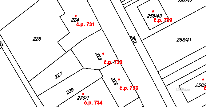 Březce 732, Štěpánov na parcele st. 226 v KÚ Březce, Katastrální mapa