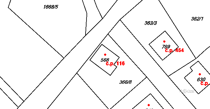 Skalice u České Lípy 116 na parcele st. 568 v KÚ Skalice u České Lípy, Katastrální mapa