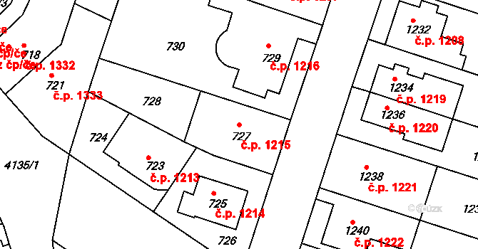 Roudnice nad Labem 1215 na parcele st. 727 v KÚ Roudnice nad Labem, Katastrální mapa