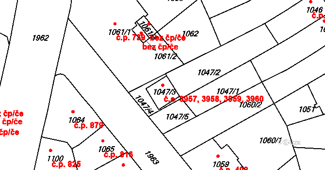 Klíše 3957,3958,3959,3960, Ústí nad Labem na parcele st. 1047/3 v KÚ Klíše, Katastrální mapa