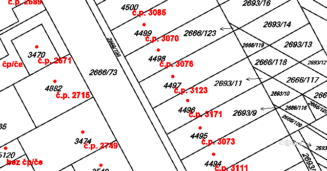 Břeclav 3123 na parcele st. 4497 v KÚ Břeclav, Katastrální mapa