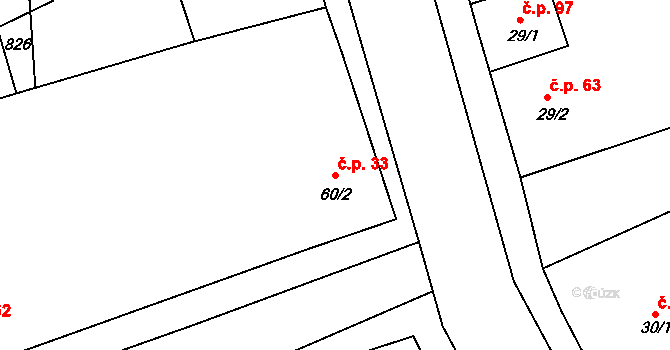 Luštěnice 33 na parcele st. 60/2 v KÚ Luštěnice, Katastrální mapa