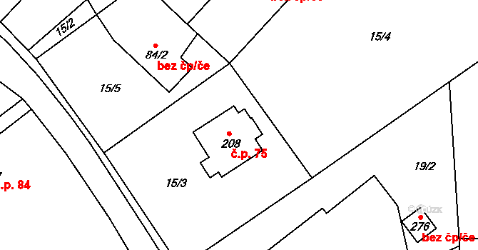Semechnice 75 na parcele st. 208 v KÚ Semechnice, Katastrální mapa