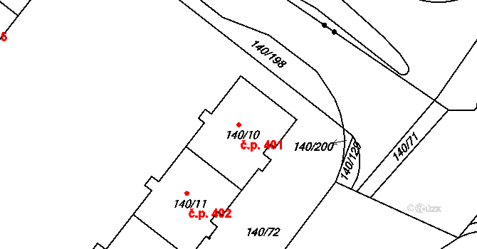 Lhotka 401, Praha na parcele st. 140/10 v KÚ Lhotka, Katastrální mapa
