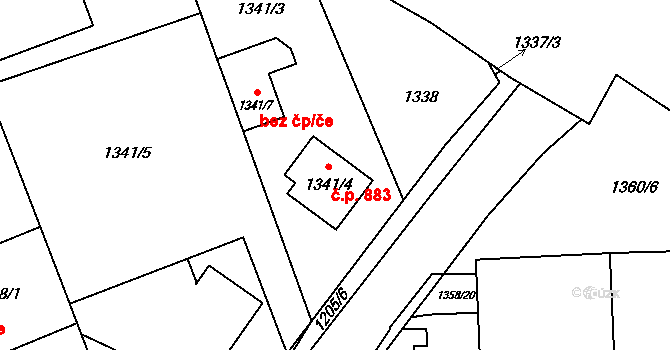 Chodov 883, Praha na parcele st. 1341/4 v KÚ Chodov, Katastrální mapa