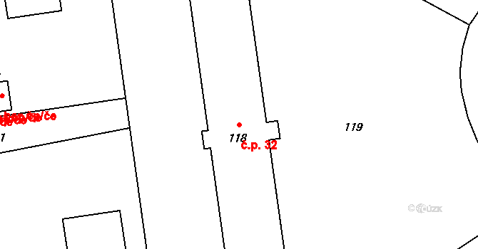 Ruzyně 32, Praha na parcele st. 118 v KÚ Ruzyně, Katastrální mapa